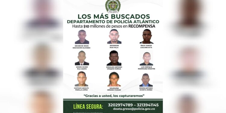 Revelan identidades de las nueve personas más buscadas por la Policía en el Atlántico