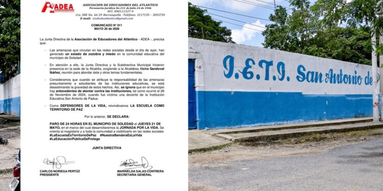 ADEA convoca paro de 24 horas en Soledad por amenazas contra la comunidad educativa — NoticiasBQ
